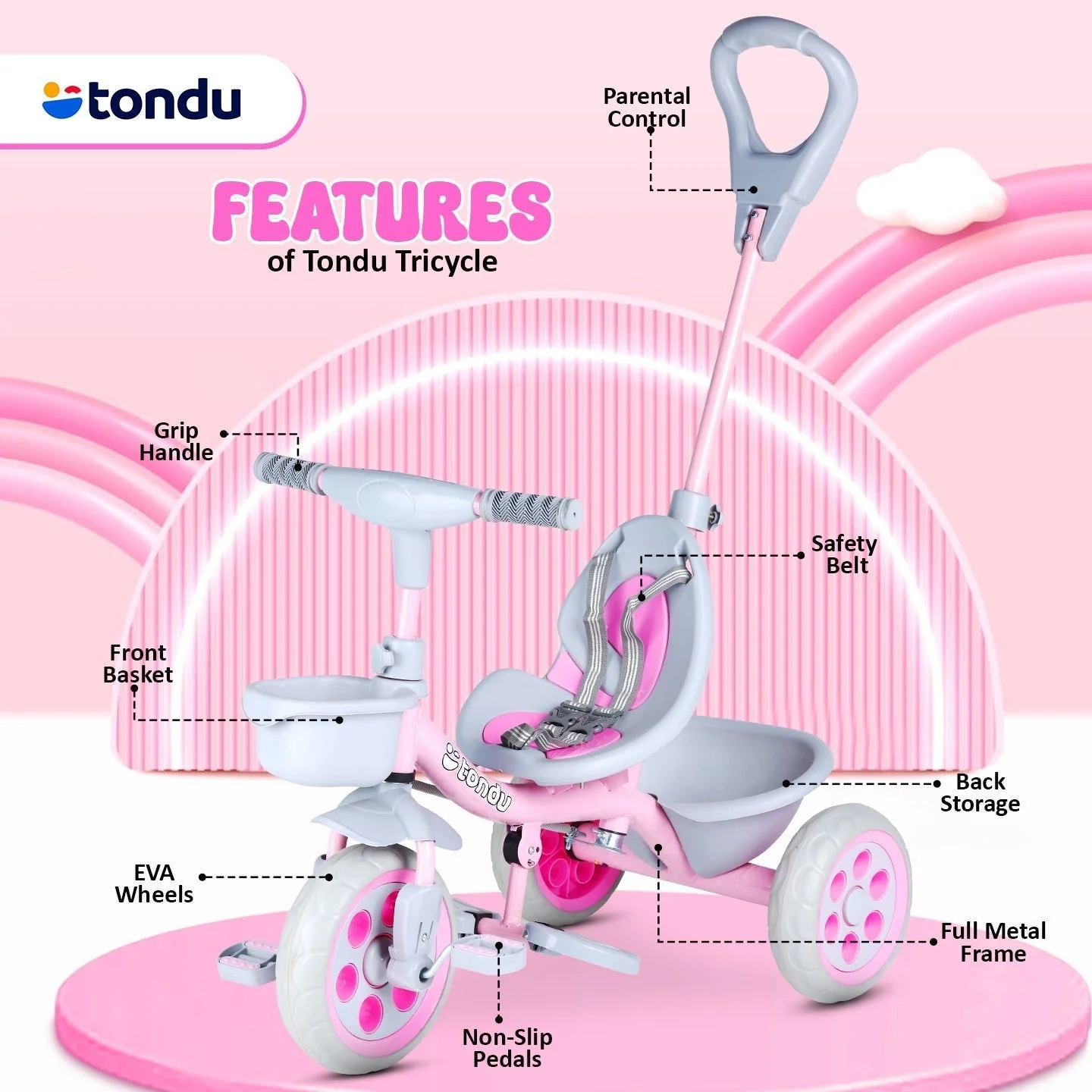 Pink TONDU Kiddo Tricycle Best for 1.5 Year to 4 Years Kids - Image 5