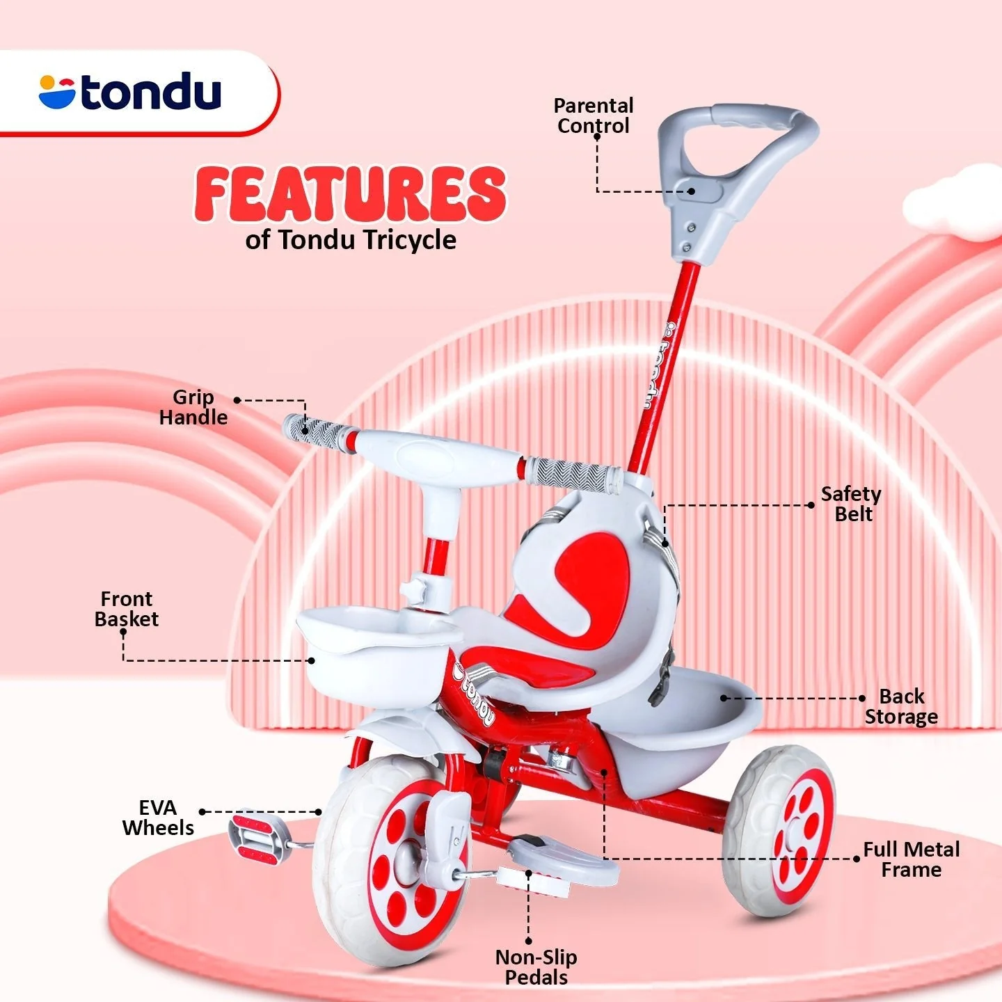 Red TONDU Kiddo Tricycle Best for 1.5 Year to 4 Years Kids - Image 5