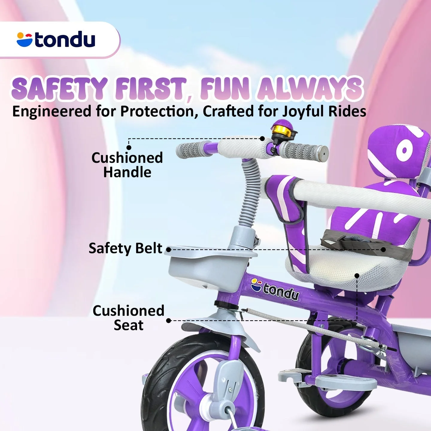 Purple TONDU Tricycle for Kids with Safety Arm & Seat Belt - Image 3