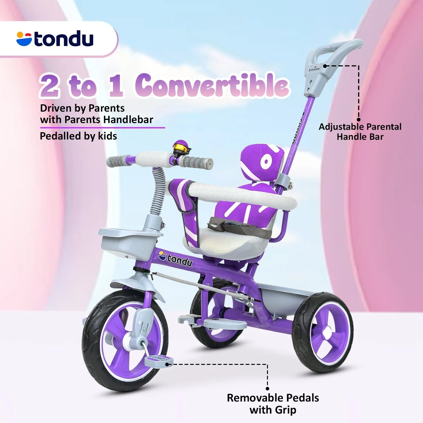 Purple TONDU Tricycle for Kids with Safety Arm & Seat Belt - Image 4