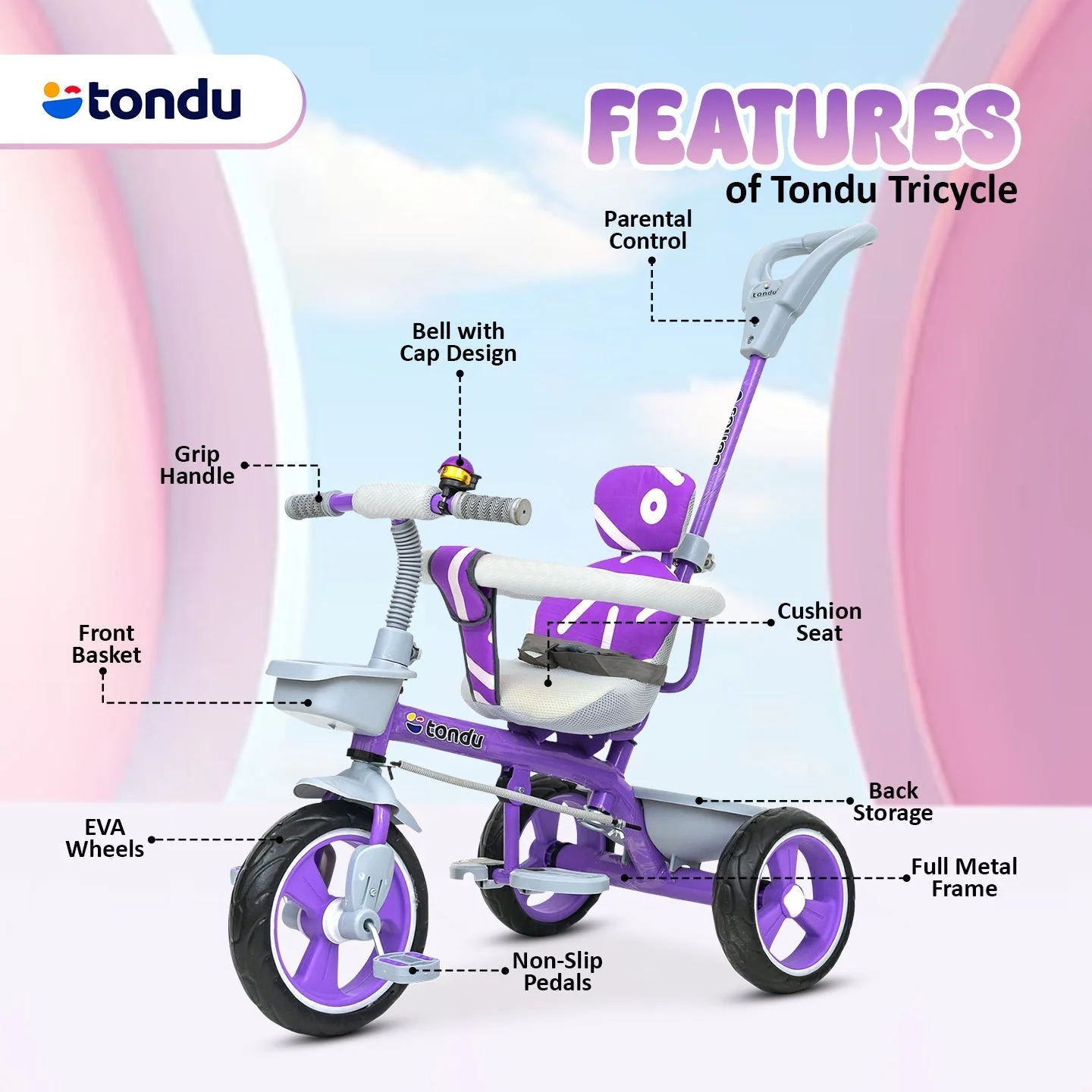 Purple TONDU Tricycle for Kids with Safety Arm & Seat Belt - Image 6