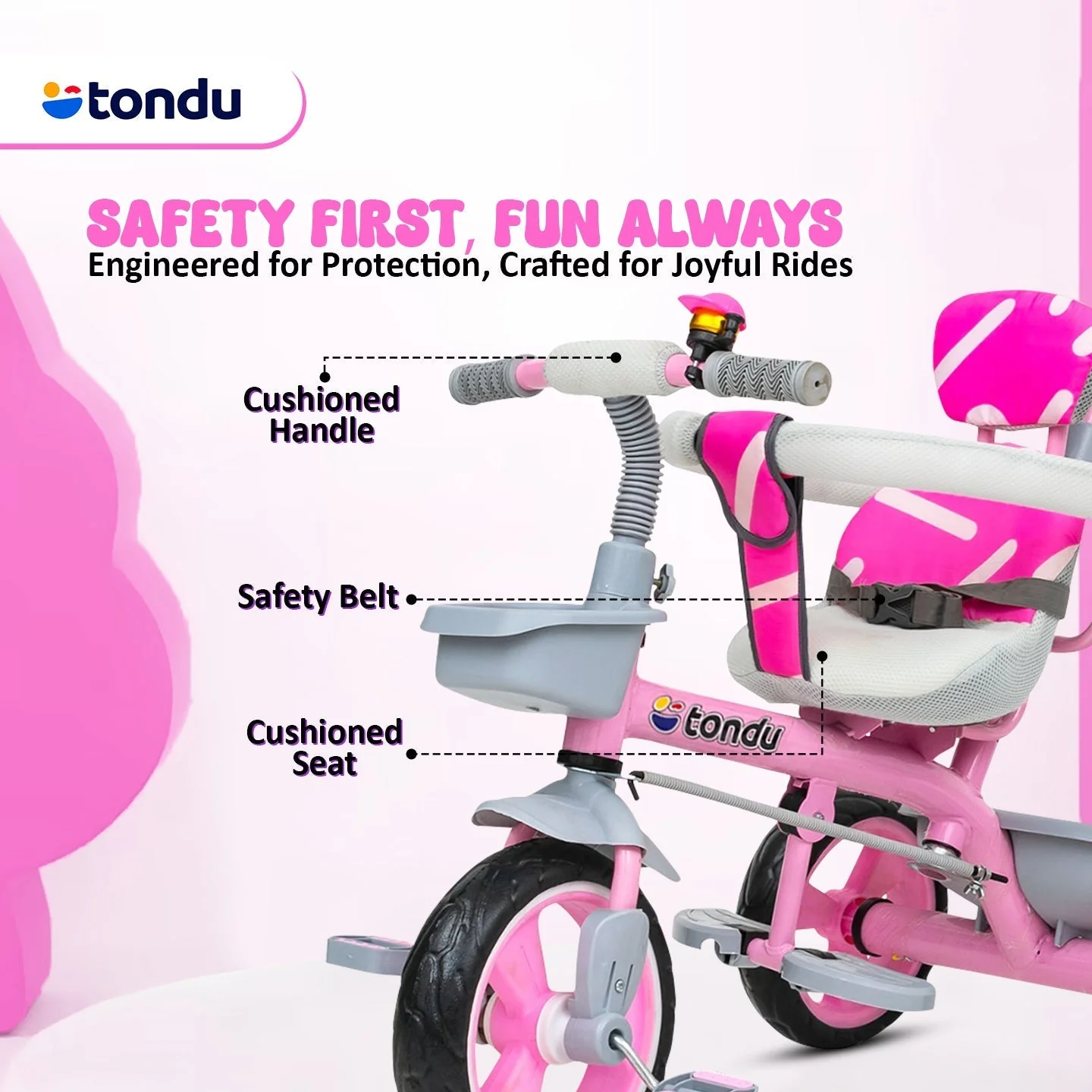 Pink TONDU Tricycle for Kids with Safety Arm & Seat Belt - Image 3