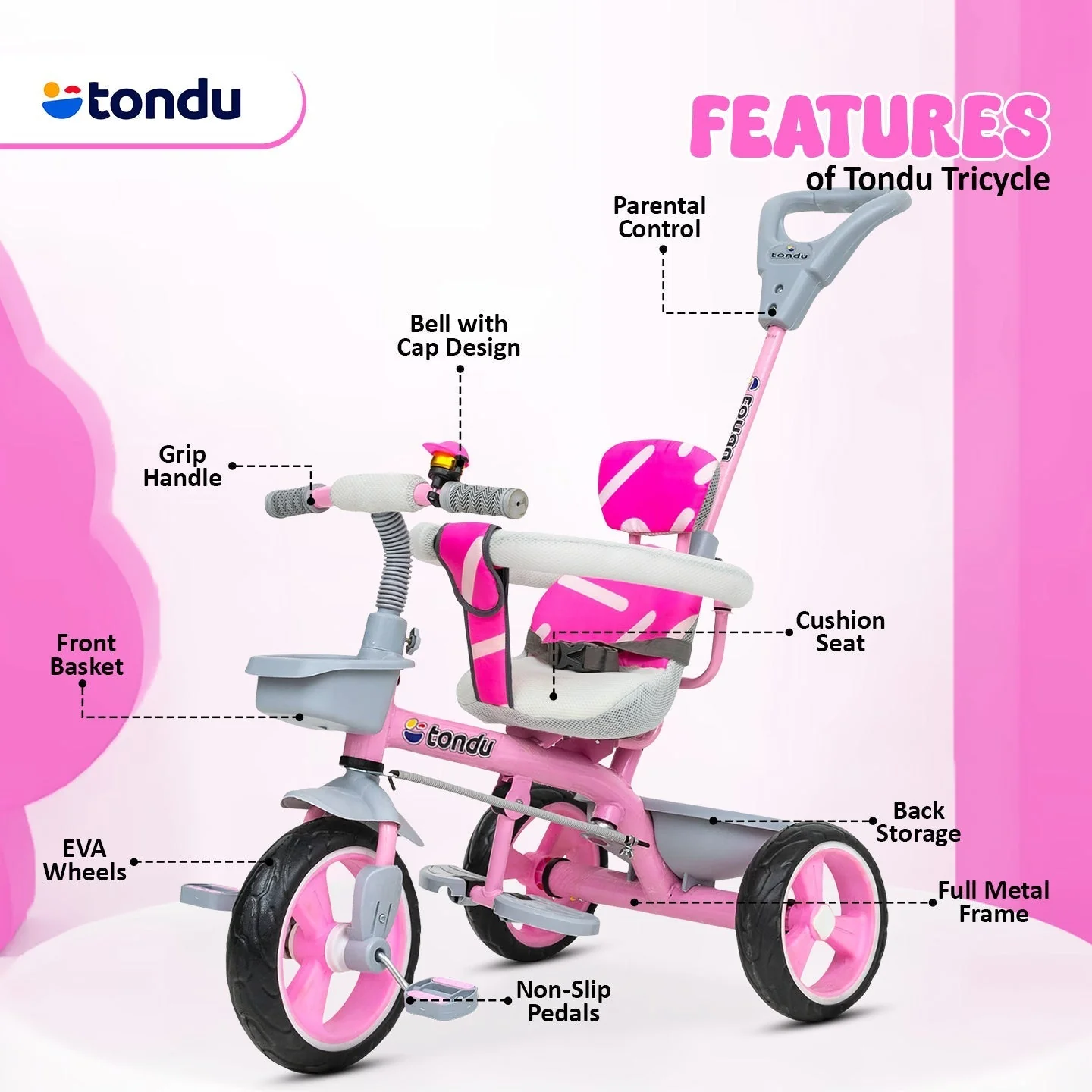 Pink TONDU Tricycle for Kids with Safety Arm & Seat Belt - Image 4