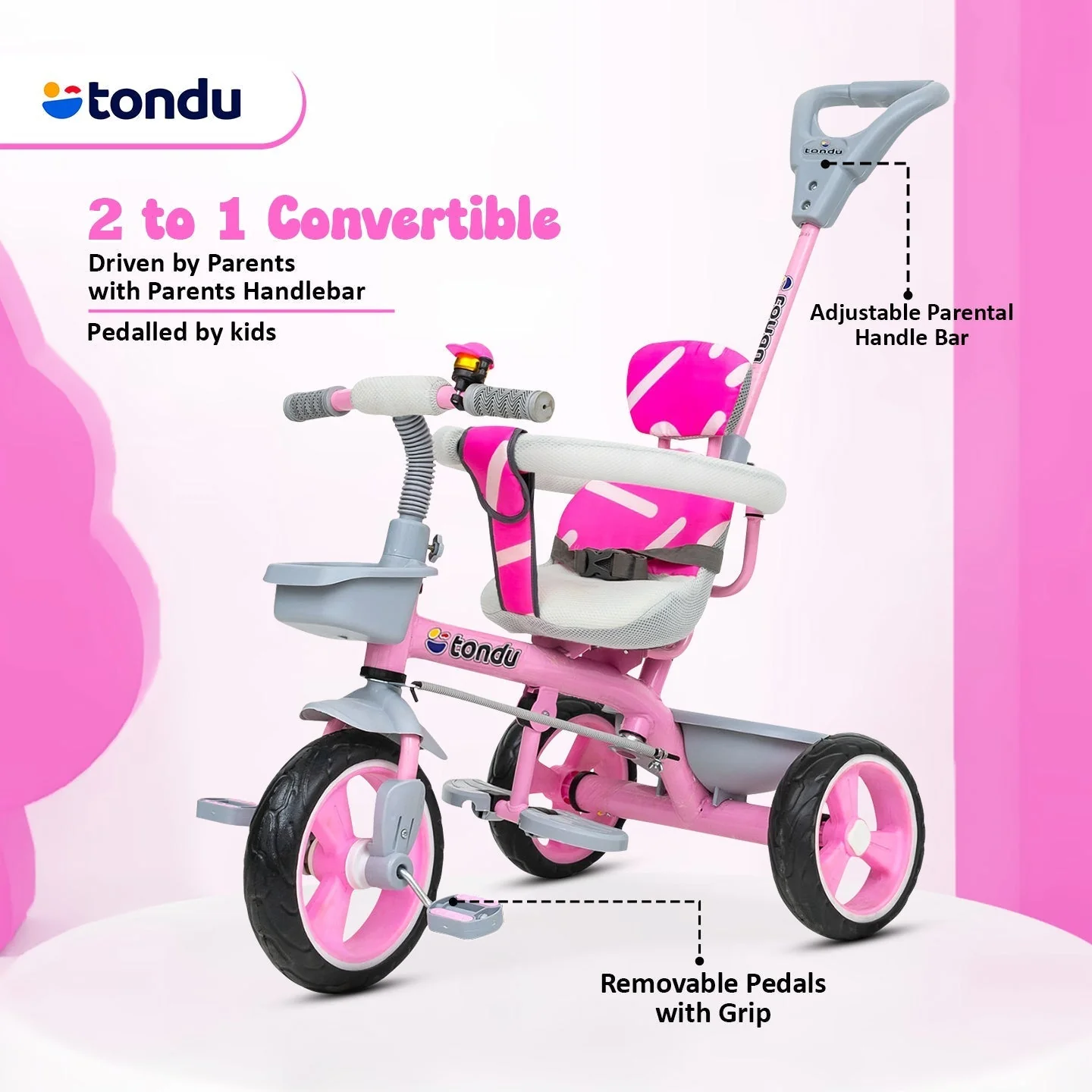Pink TONDU Tricycle for Kids with Safety Arm & Seat Belt - Image 5