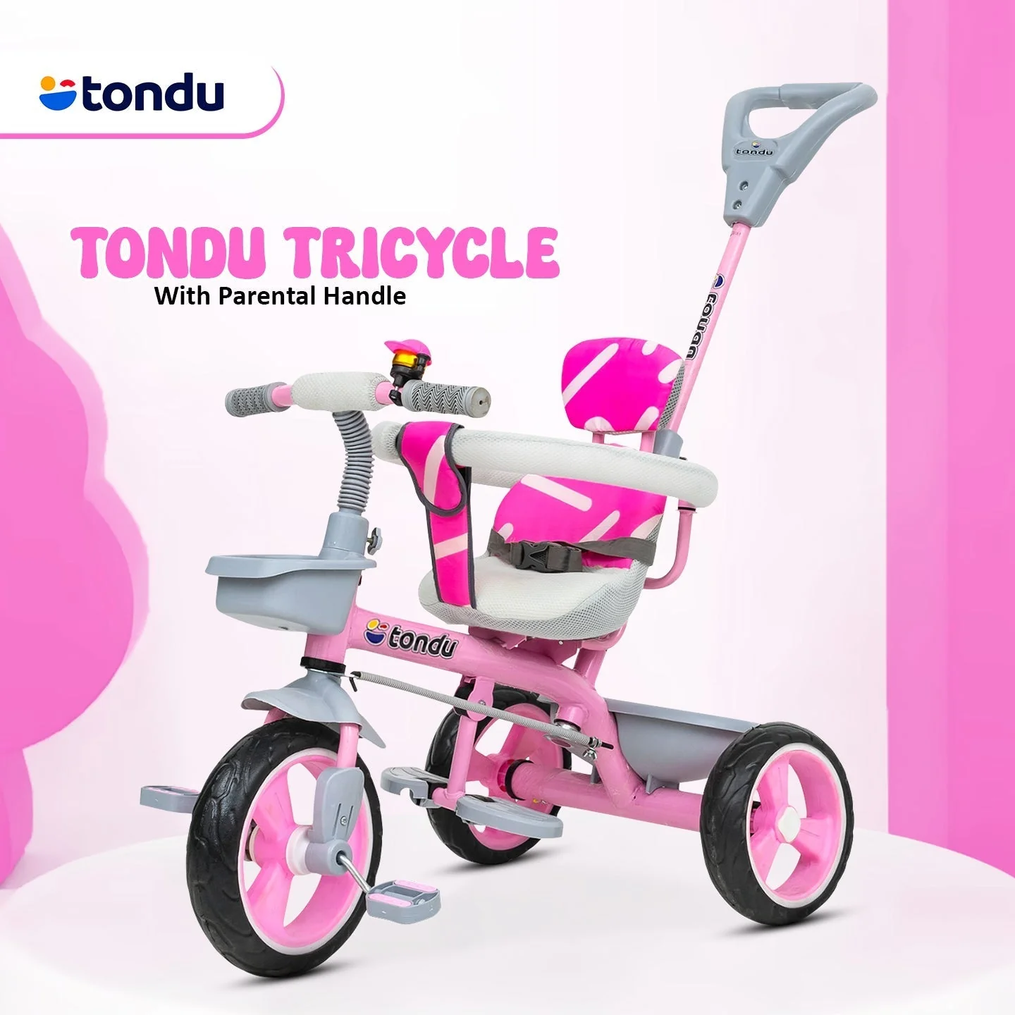 Pink TONDU Tricycle for Kids with Safety Arm & Seat Belt - Image 6