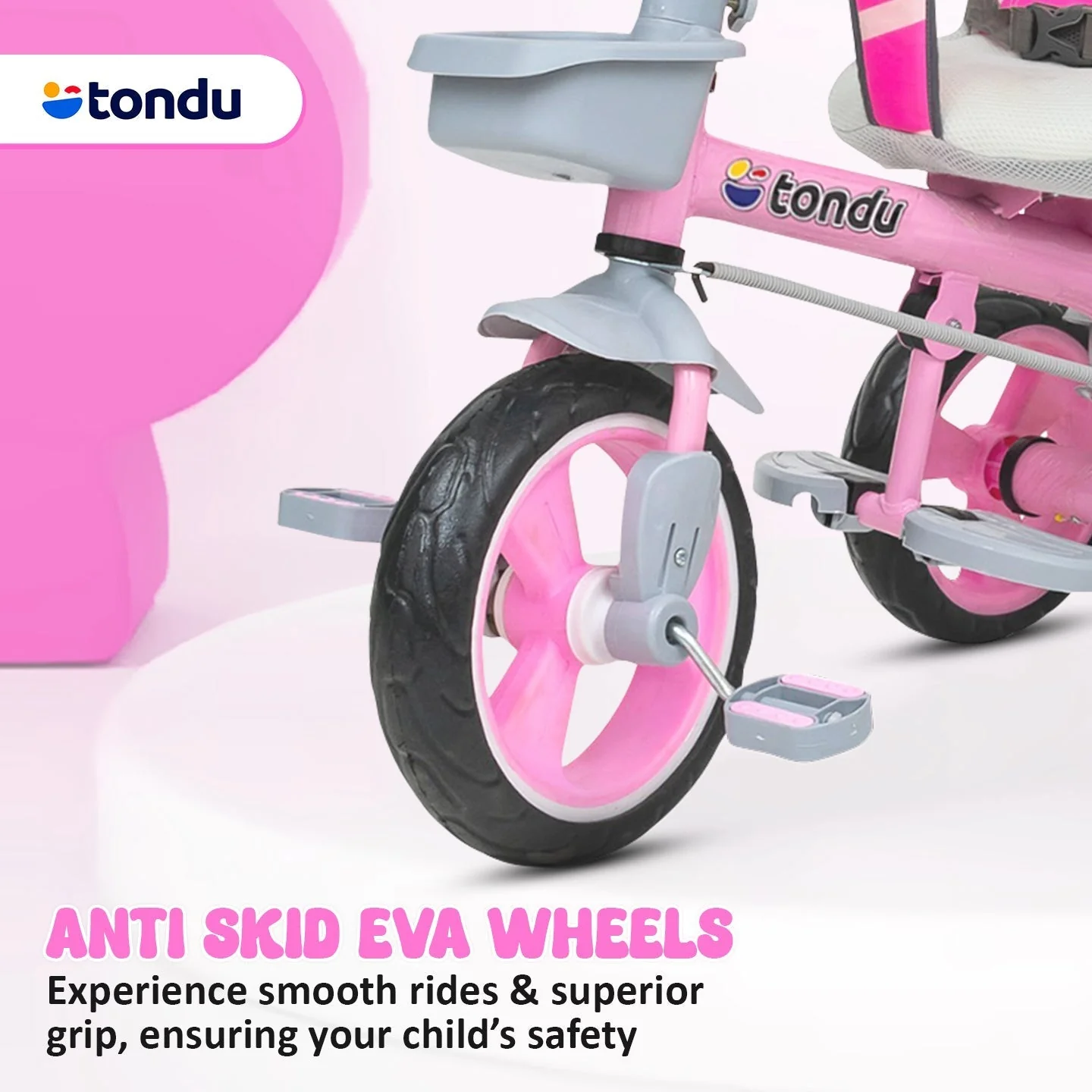 Pink TONDU Tricycle for Kids with Safety Arm & Seat Belt - Image 7