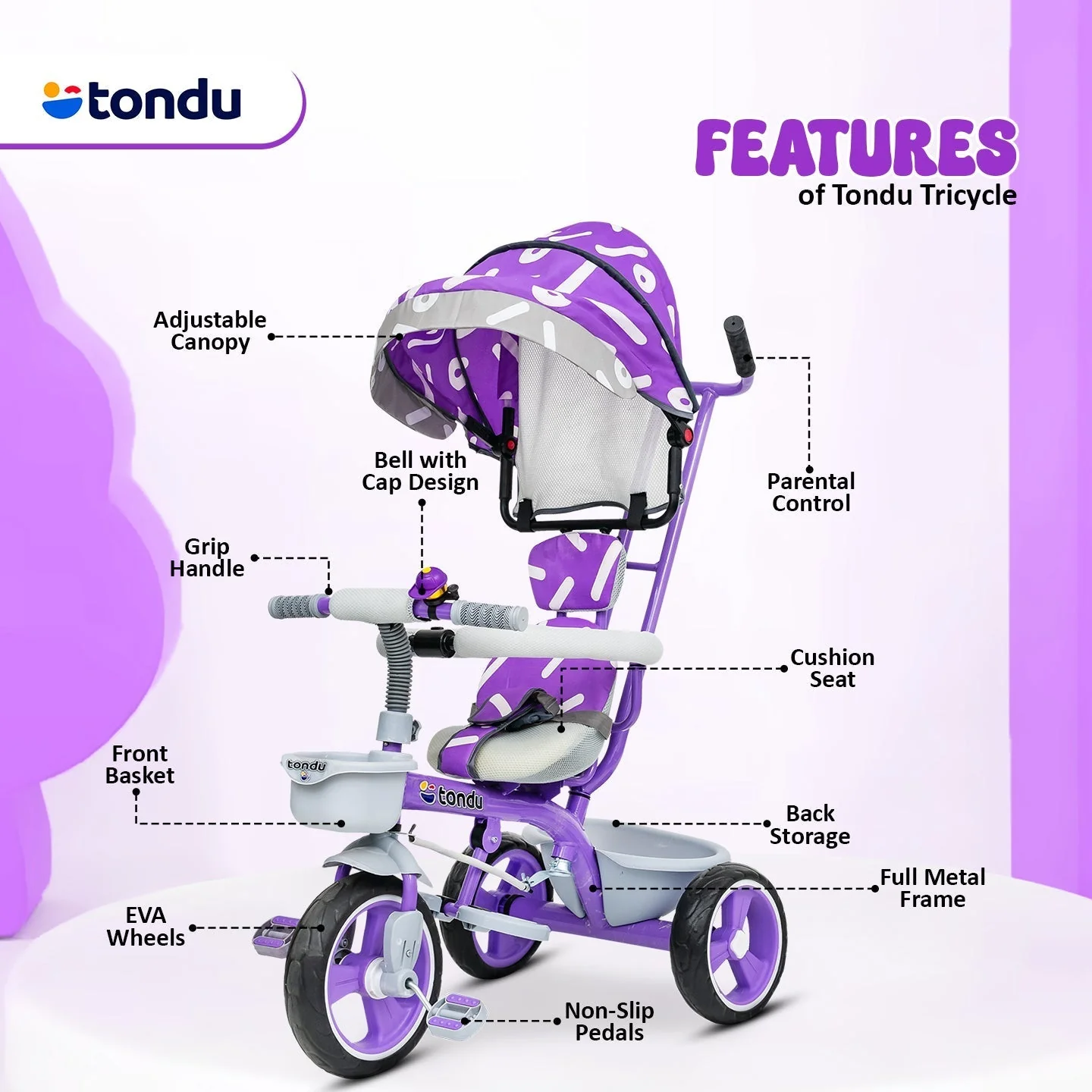 Purple TONDU Tricycles with Canopy Seat Belt - Image 4