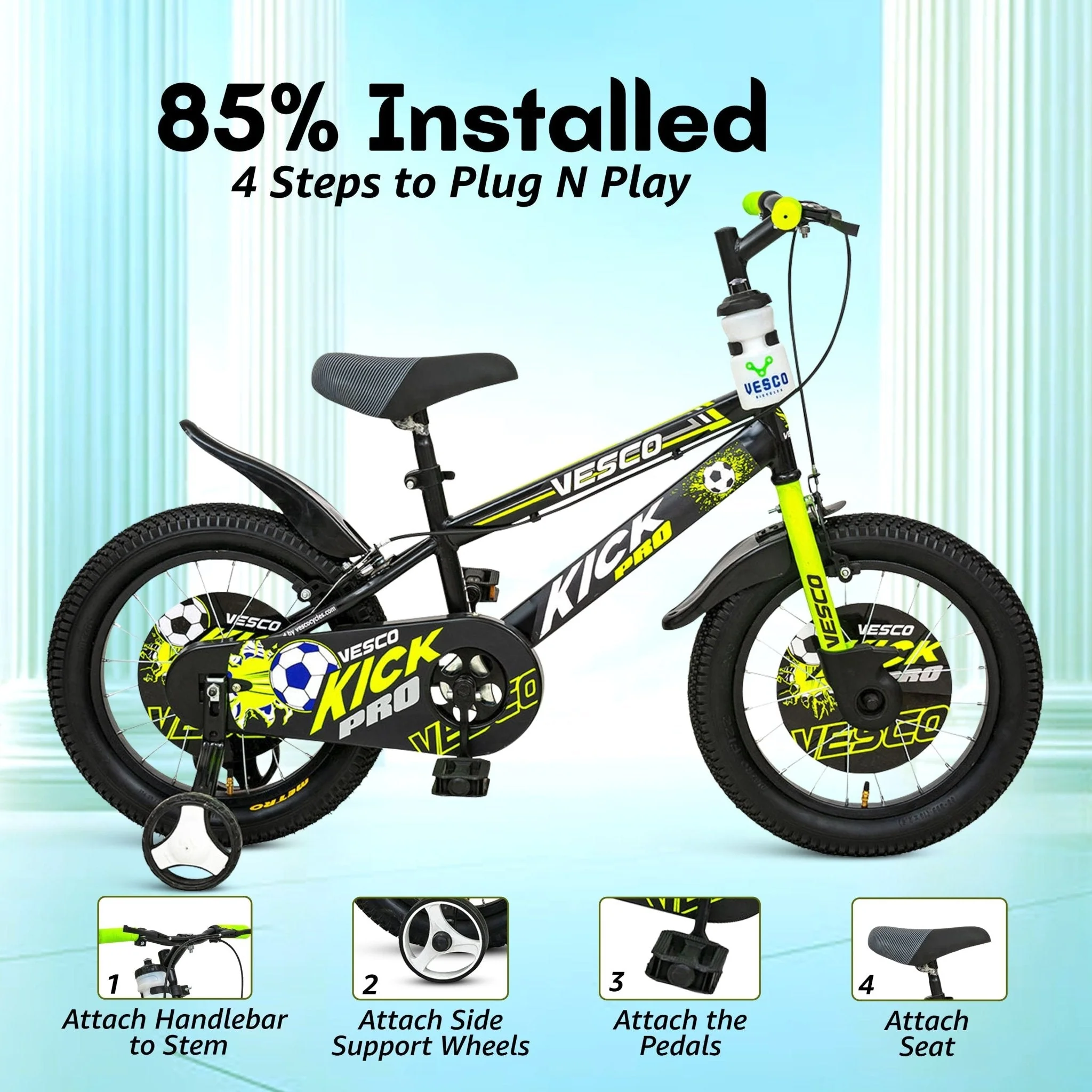 Kick Pro 16T Kids Bicycle | Support Wheels, Back Support, Chain Cover - Image 3