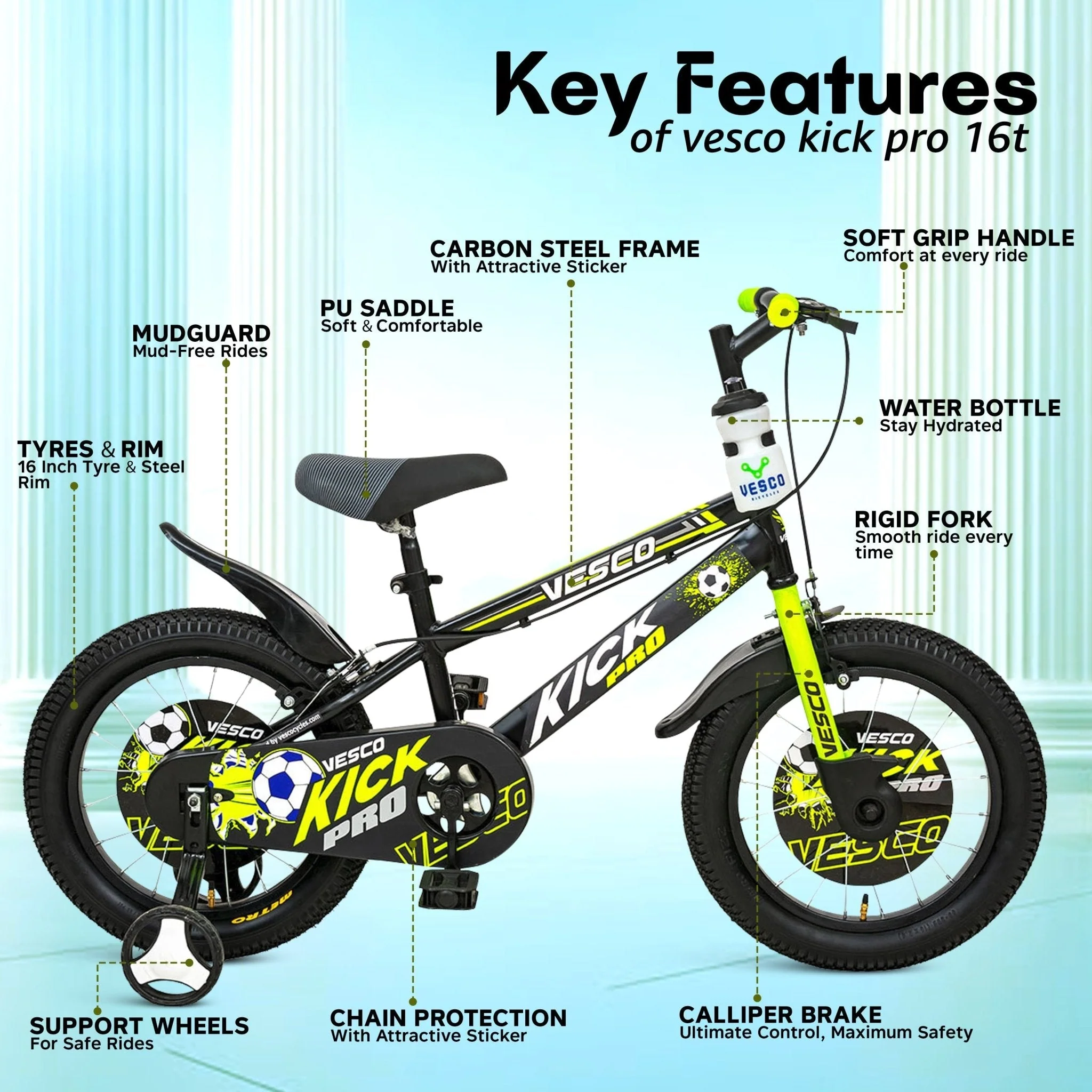 Kick Pro 16T Kids Bicycle | Support Wheels, Back Support, Chain Cover - Image 5